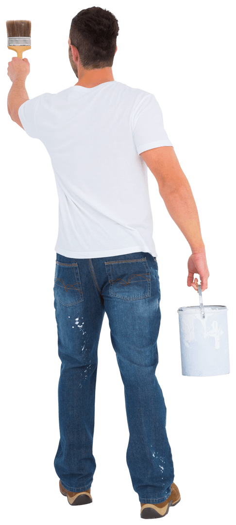 Caucasian Man Painting Wall with Brush on Transparent Background