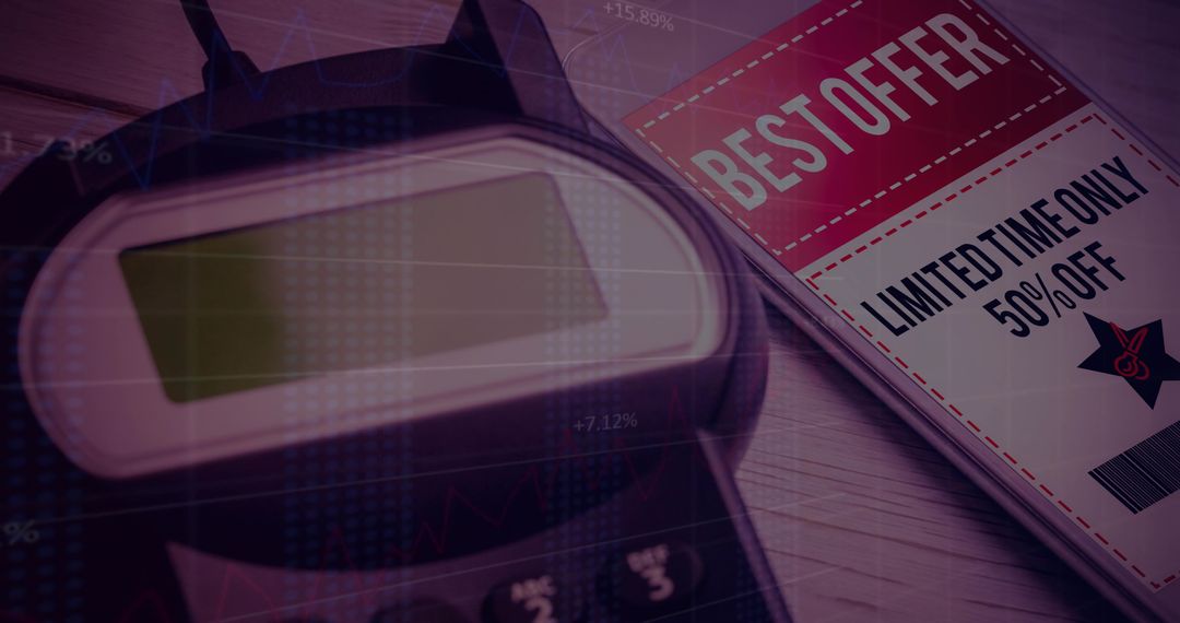 Payment Terminal with Discount Voucher Overlaid on Financial Background