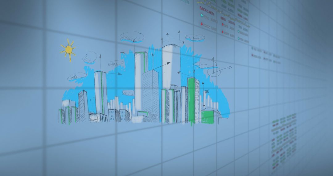 Digital Interface Overlay on Cityscape Drawing Illustrates Global Business Concept
