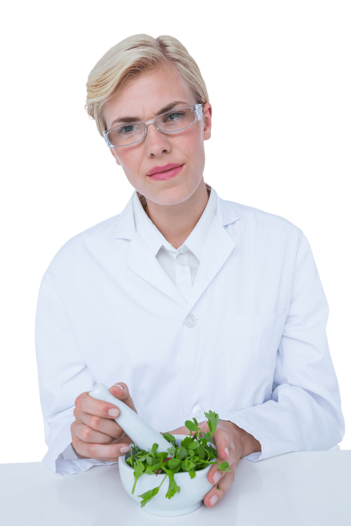 Transparent Background Doctor Using Pestle and Mortar for Herbal Mix