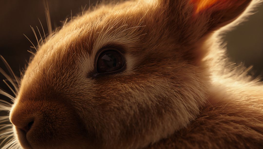 Macro portrait showcasing glossy-eyed brown rabbit muzzle with rim-lit ear and detailed fur