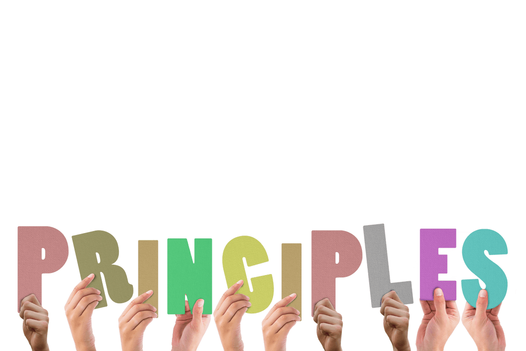 Hands Holding Colorful Letters Spelling 'Principles' with Transparent Background