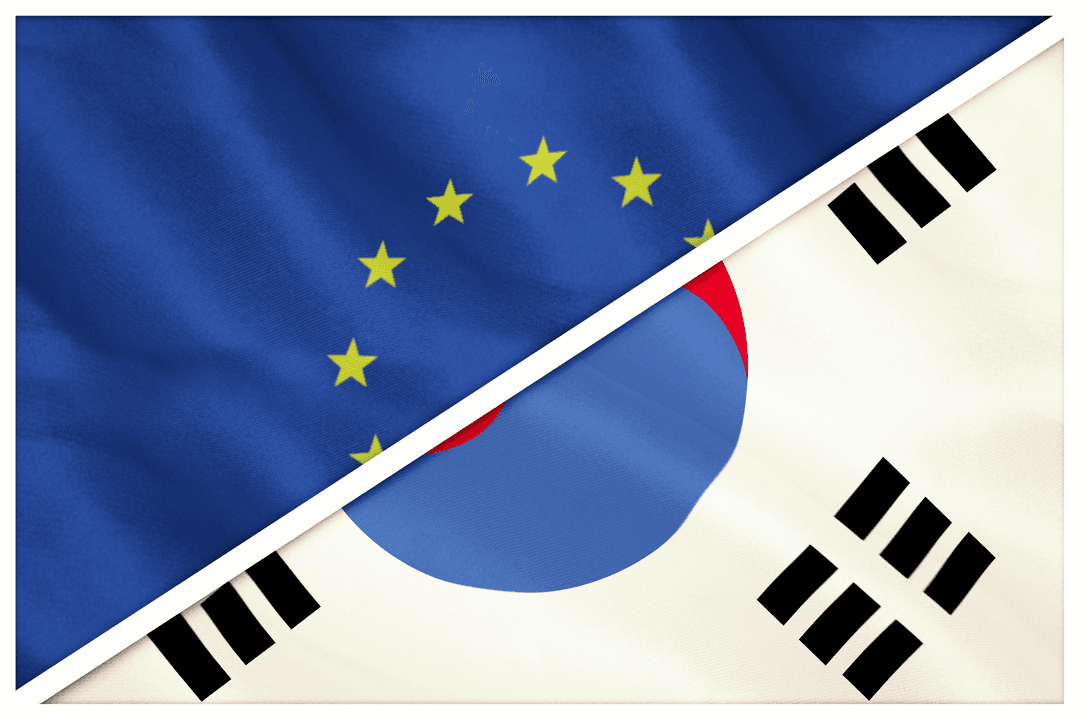 Transparent European Union and South Korean Flags Half Overlay