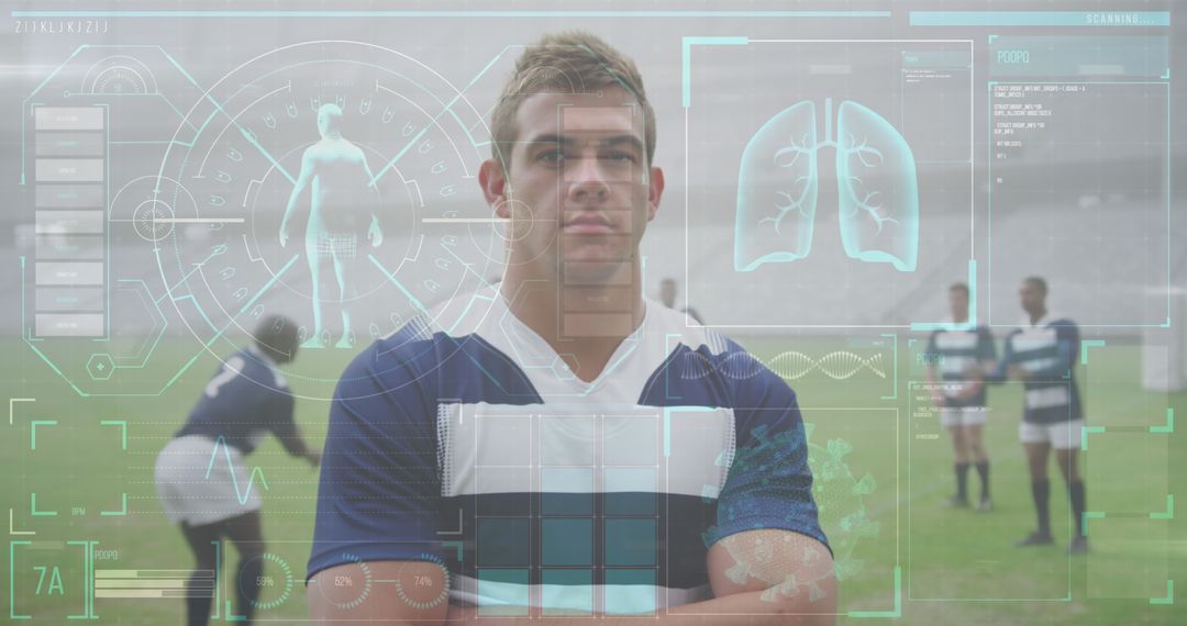 Rugby Player Surrounded by Digital Health Data on Field