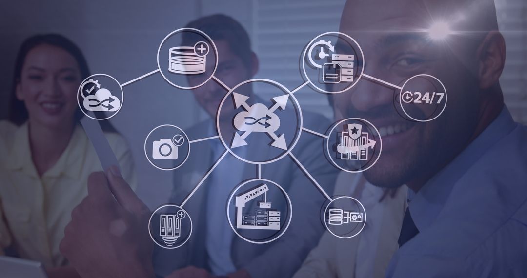 Diverse Team Collaborating With Futuristic Technology Icons