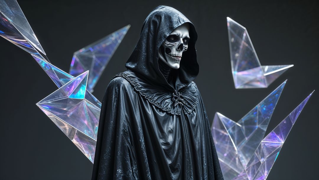 Hooded skeletal grim reaper figure with prismatic shards in eerie studio