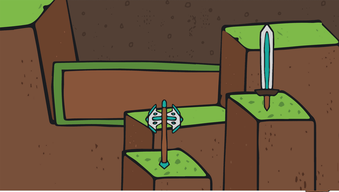 Transparent Game Weapons Illustration with Sword and Axe on Brown Cubes