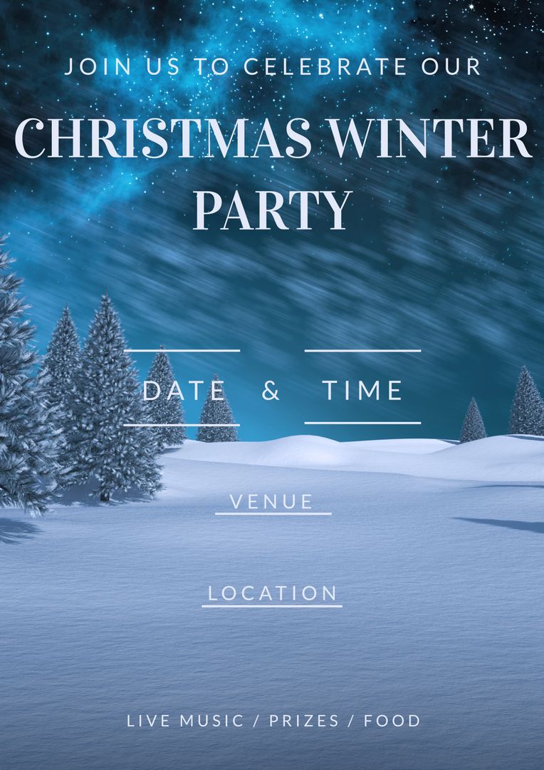 Christmas Winter Party Invitation with Snowy Tree Landscape