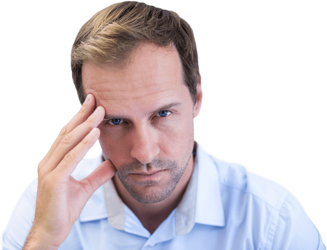 Frustrated Man Touching Forehead on Transparent Background