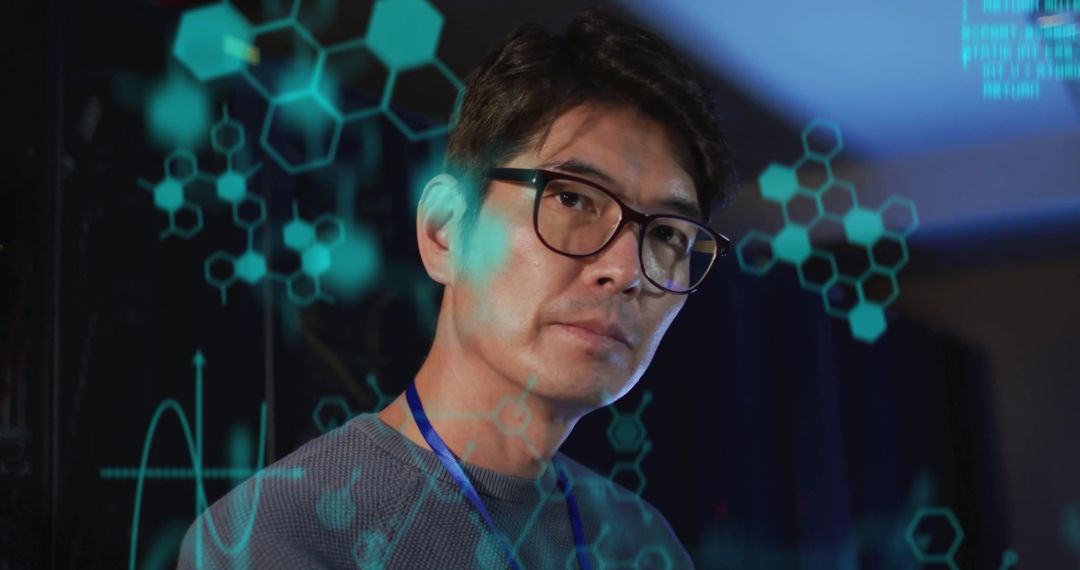 Asian Businessman Analyzing Data with Holographic Chemical Formulas