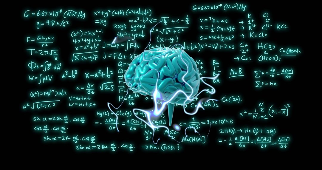 Glowing Brain with Science Formulas and Data on Black