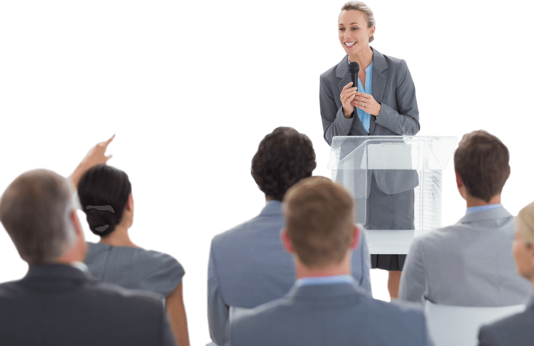 Caucasian Businesswoman Giving Lecture on Transparent Background