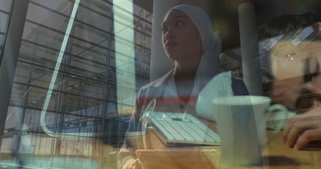 Overlaid Reflections of Business and Rest in Modern Workspace