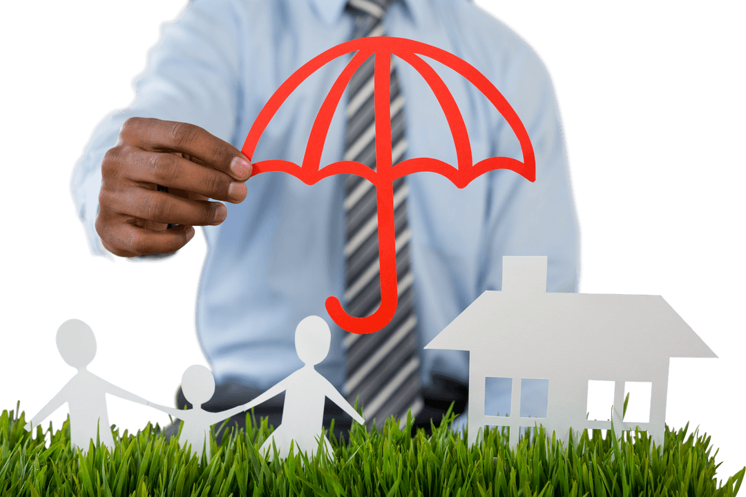 Transparent Cutout of Insurer Holding Protective Red Umbrella
