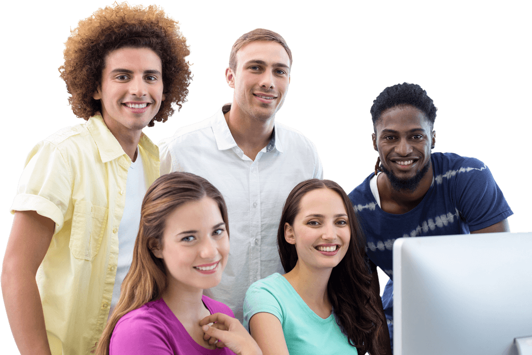 Diverse Students Collaborating Around Computer on Transparent Background