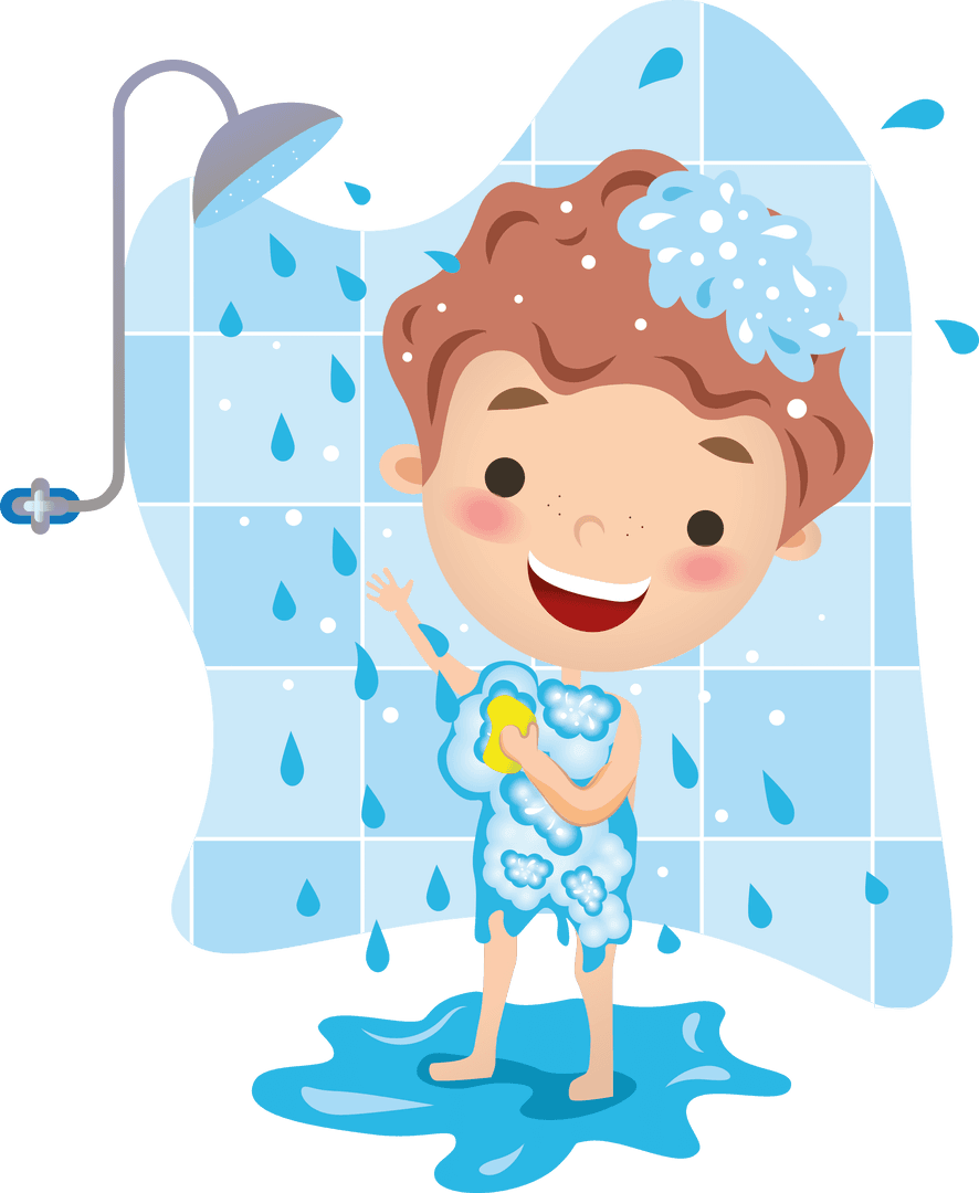 Happy Boy Taking Shower on Transparent Background