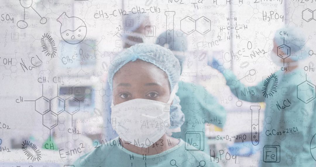 Surgeons in Operating Room with Chemical Formulas Overlay