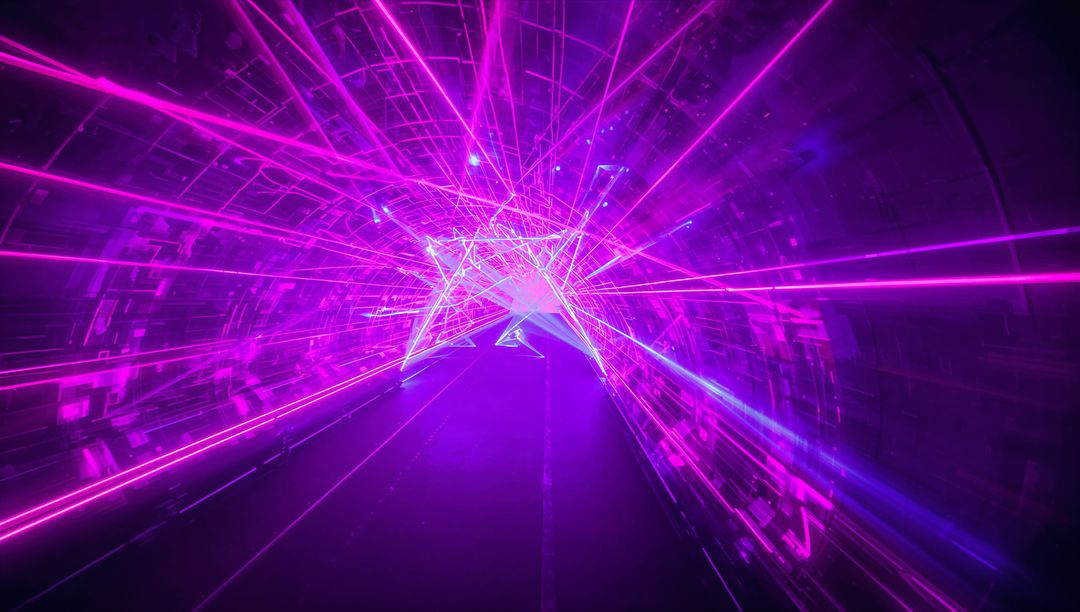 Radiating Neon Tunnel with Triangular Wireframe Projecting Magenta and Purple Laser Beams