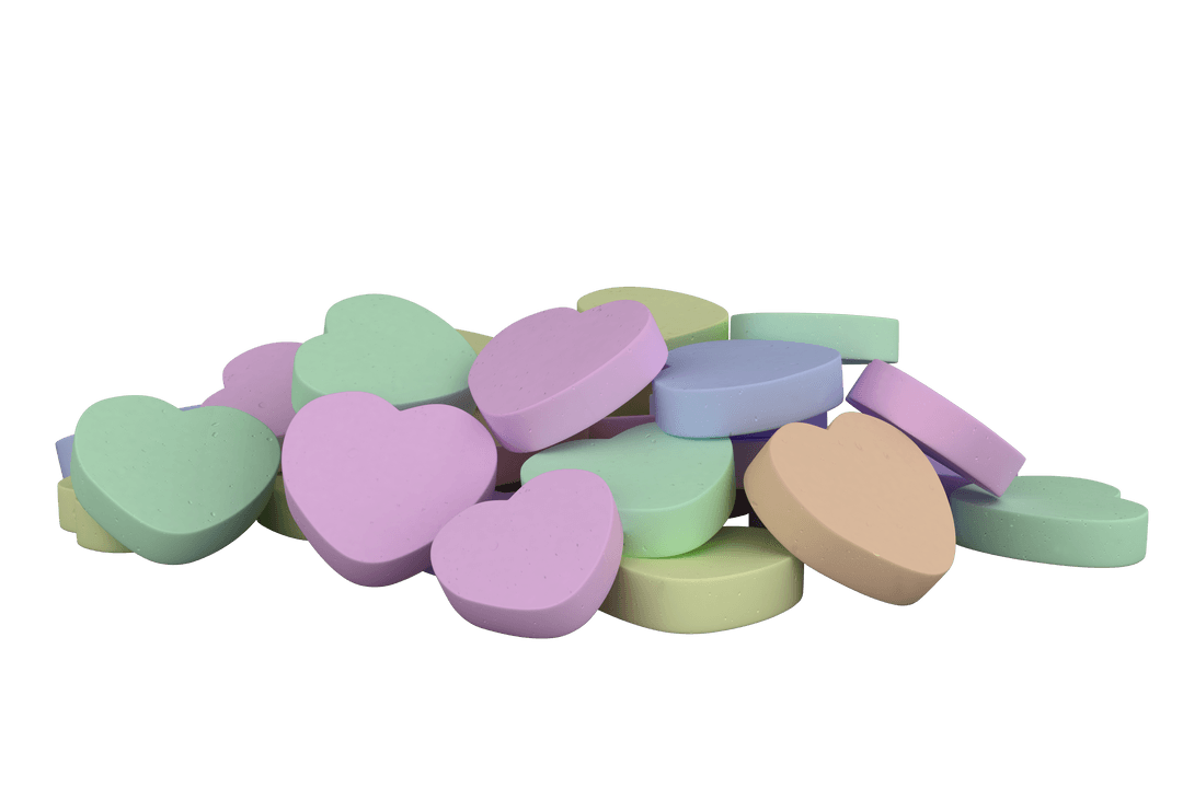 Transparent Colorful Heart-Shaped Pills on White Background