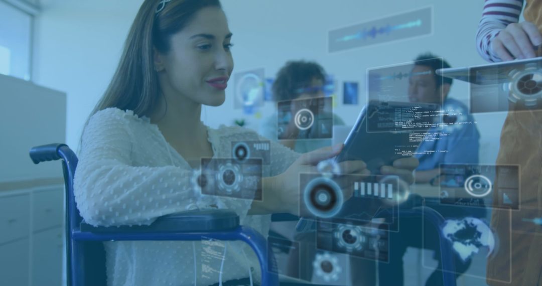 Woman in Wheelchair Utilizing Tablet with Digital Data Interface