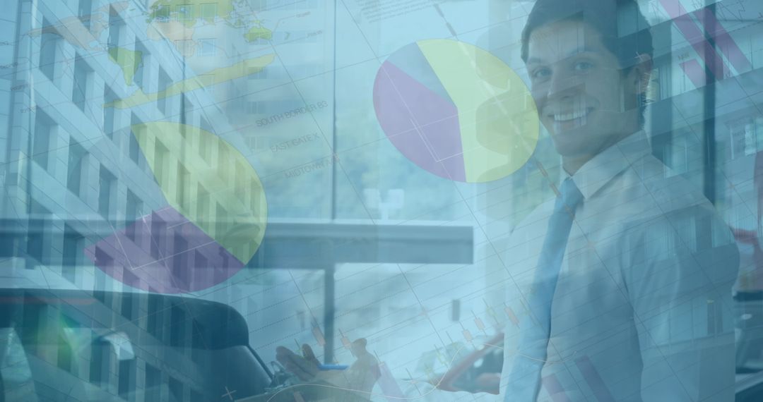 Smiling Businessman with Overlay of Data Charts and Global Elements in Office
