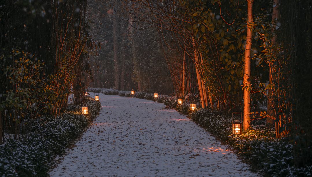 Lantern-Lit Snowy Garden Path at Dusk with Falling Snow and Warm Amber Glow
