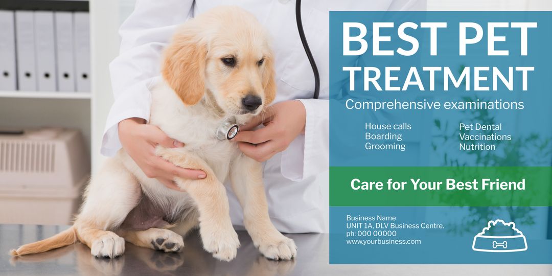 Veterinary care ad with cute puppy exam highlighting compassion