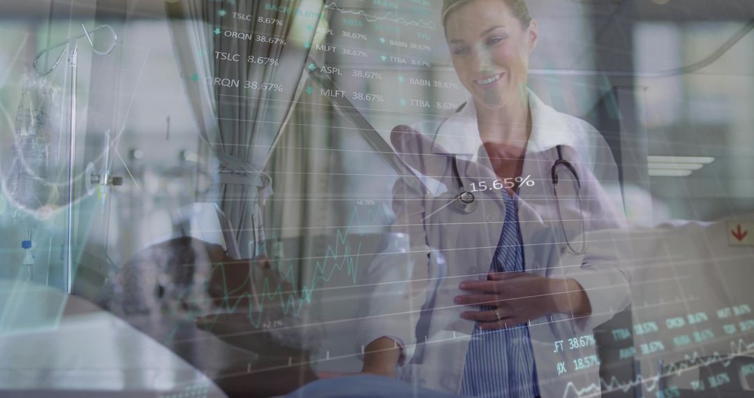 Doctor placing hand on patient bedside with medical data overlays and monitoring tech