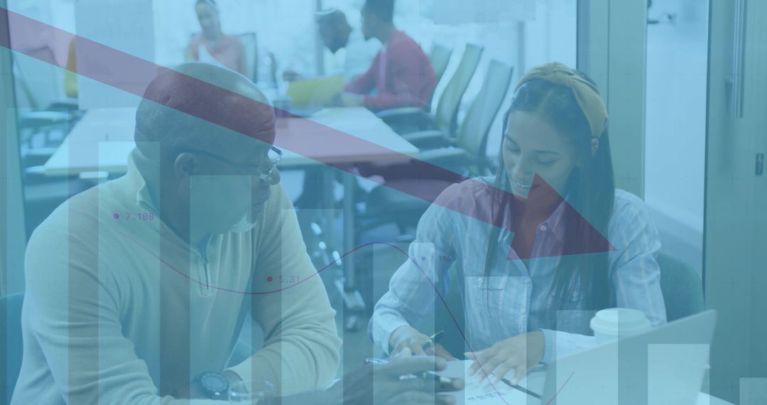 Collaborating on data analysis and charts in modern boardroom with laptop, notes, teamwork