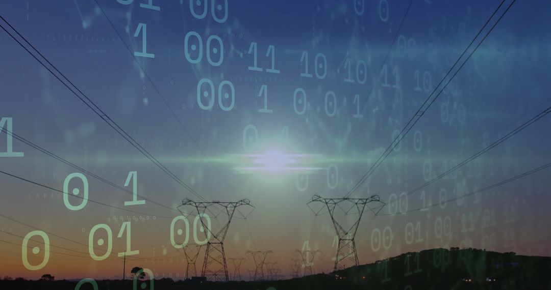 High-voltage Towers with Binary Code at Dusk, Blending Energy and Technology