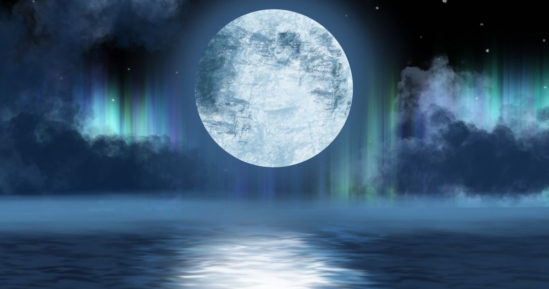 Full Moon Over Ocean with Vibrant Aurora Night Sky
