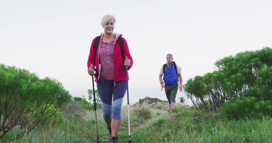 Senior hiker couple with backpacks and hiking poles while walking in the grass field - Free Images, Stock Photos and Pictures on Pikwizard.com