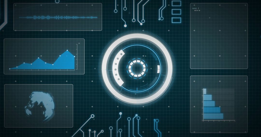 Futuristic Digital Interface with Data Visualization on Black Background