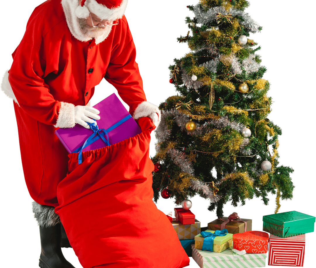 Santa Claus Loading Red Bag Next to Christmas Tree Transparent Design
