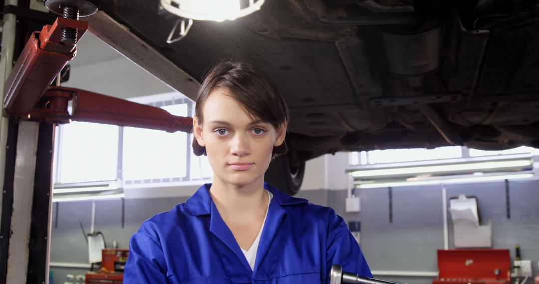 Female Mechanic in Blue Coveralls Working in a Car Repair Shop - Free Images, Stock Photos and Pictures on Pikwizard.com