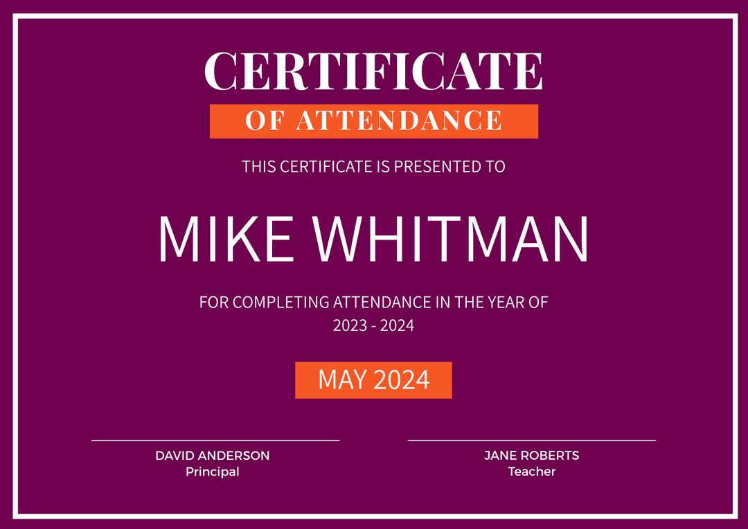Professional Certificate of Attendance on Amaranth Background - Download Free Stock Templates Pikwizard.com