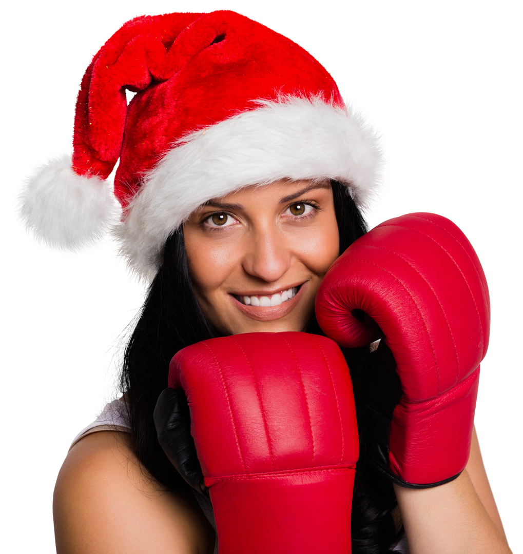 Smiling Woman Wearing Santa Hat with Boxing Gloves on Transparent Background - Download Free Stock Images Pikwizard.com