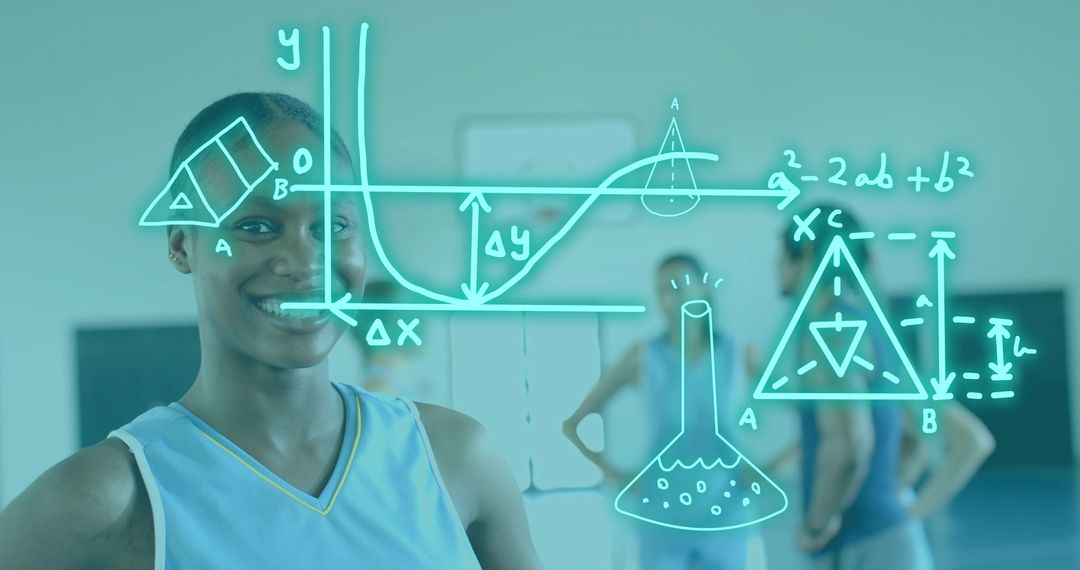Smiling woman in light blue basketball jersey with teal science and math overlays