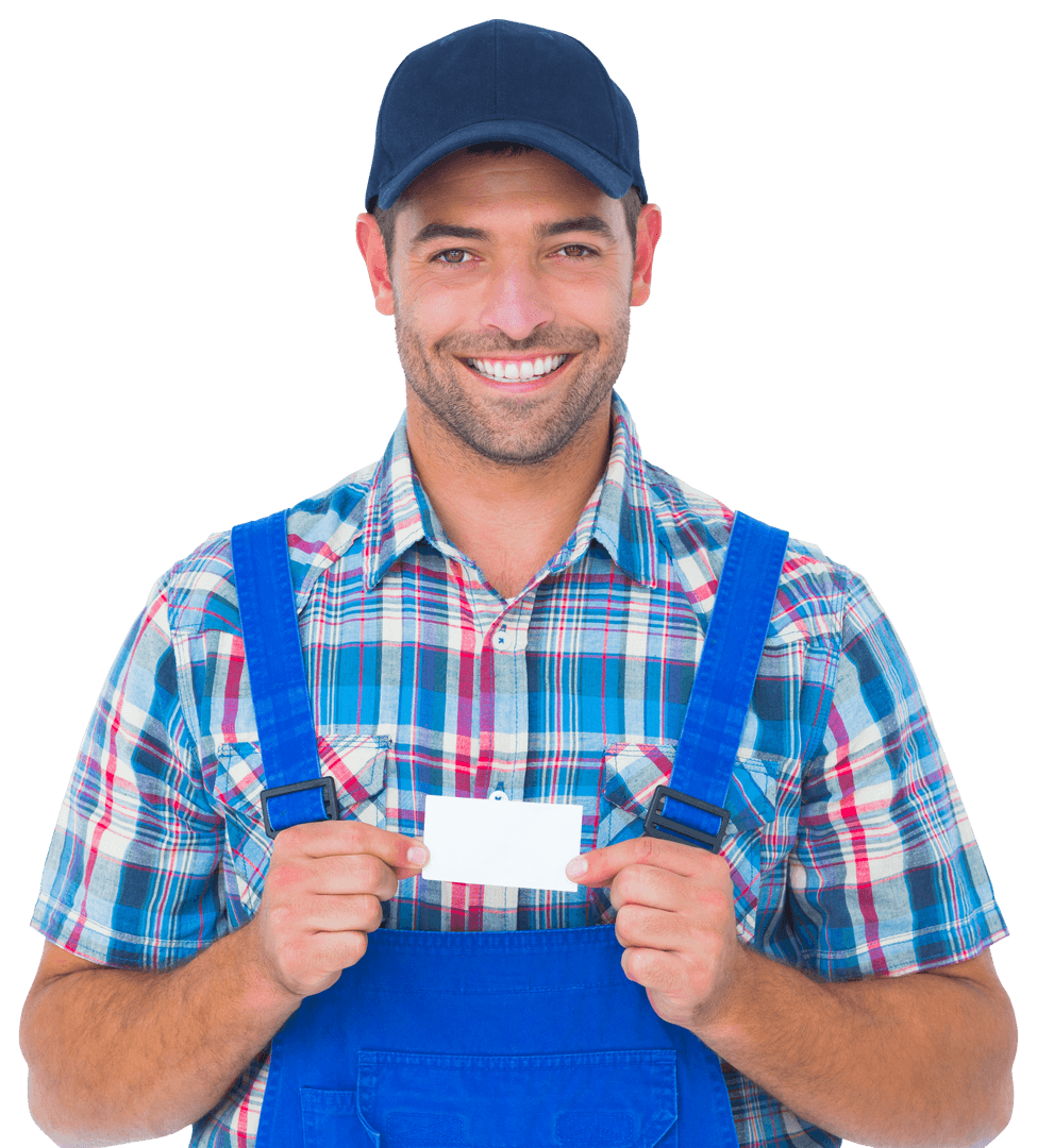 Smiling Handyman with Business Card on Transparent Background