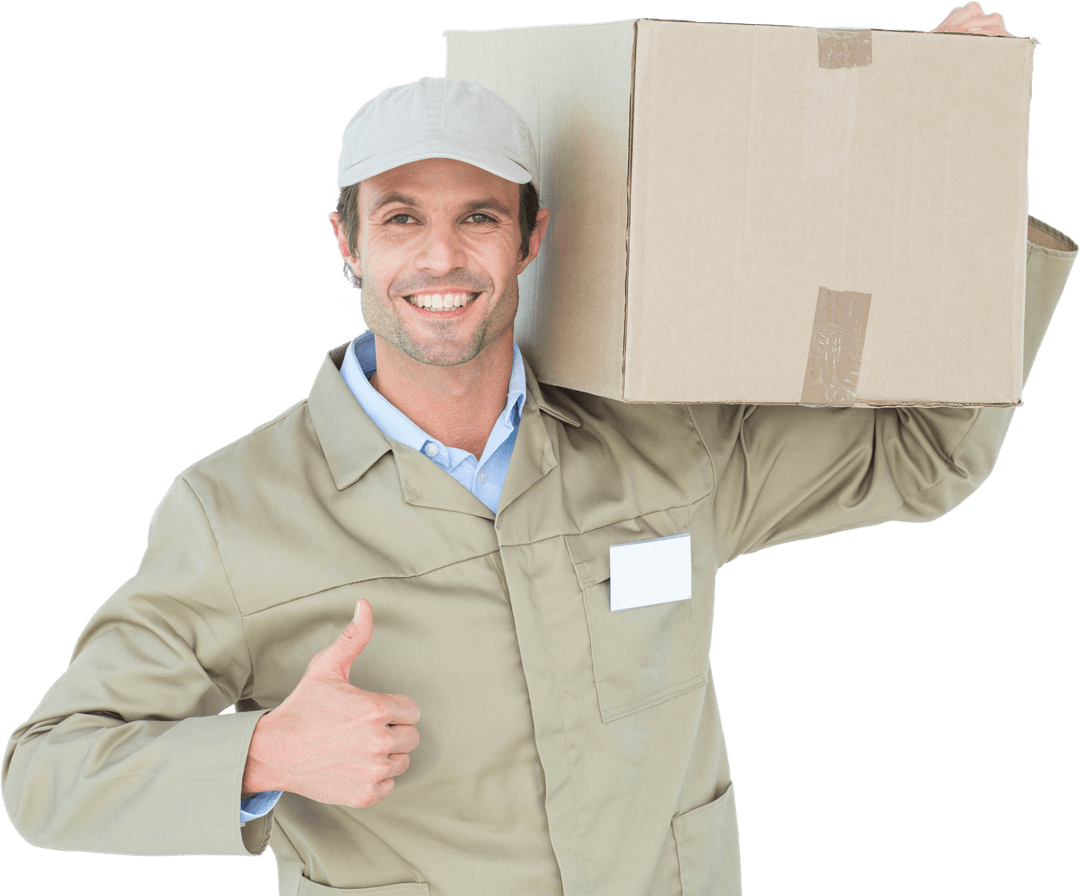 Transparent Delivery Man Holding Box and Giving Thumbs Up Gesture