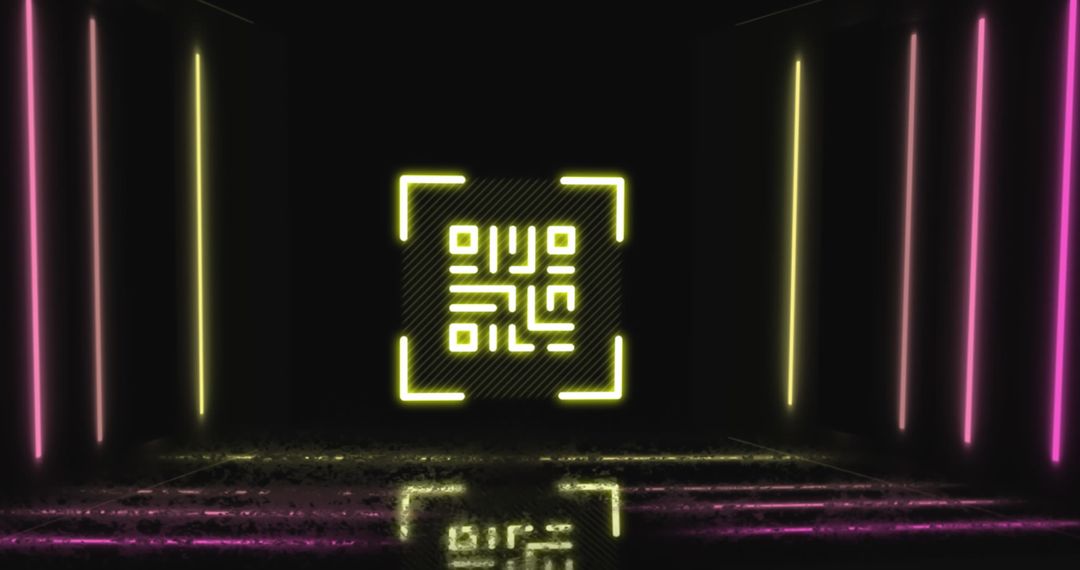 Neon QR Code Scanner with Light Trails on Black Background