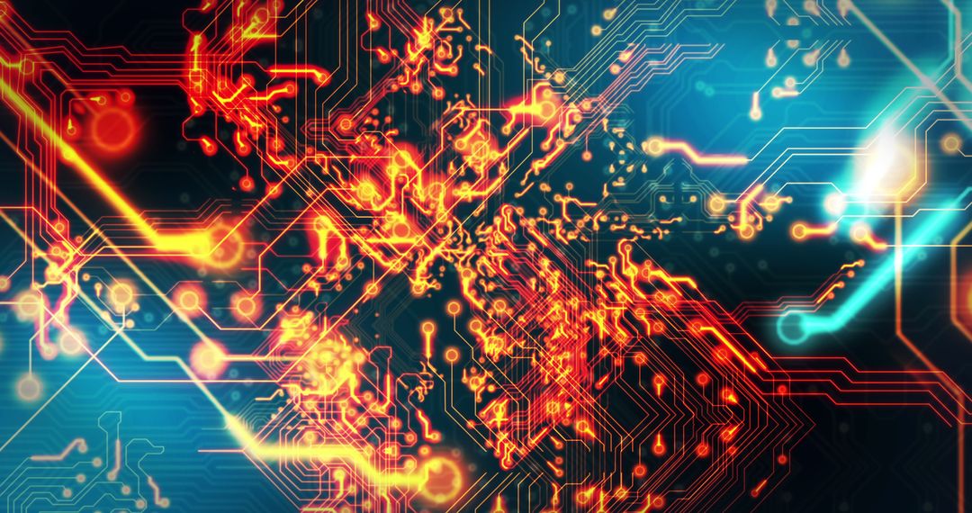 Abstract Digital Circuit Board with Fiery Neural Patterns