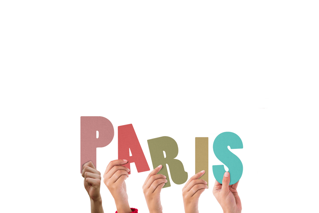 Hands Holding Colored Cards Forming Word PARIS with Transparent Background
