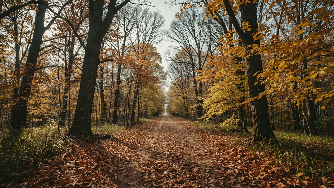 Winding Trail Through Fall Forest with Fallen Leaves