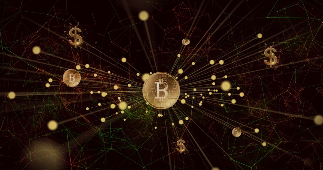 Glowing Bitcoin and Dollar Symbols in Digital Network Concept