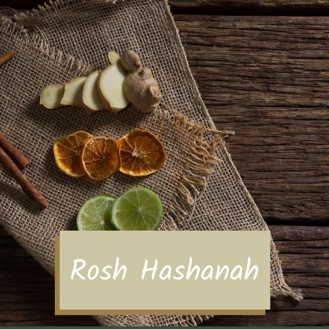 Rosh Hashanah Composition with Fruits and Spices on Burlap