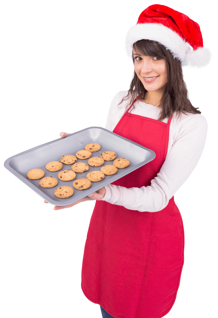 Brunette in Santa Hat Offering Cookies with Warm Smile Transparent Background