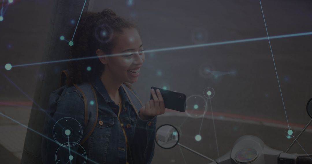 Digital Connections Overlay on Woman Using Smartphone