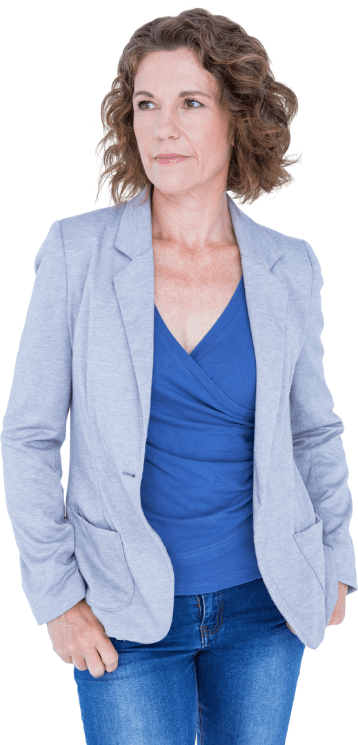 Transparent Background of Thoughtful Businesswoman Looking Away in Casual Blazer