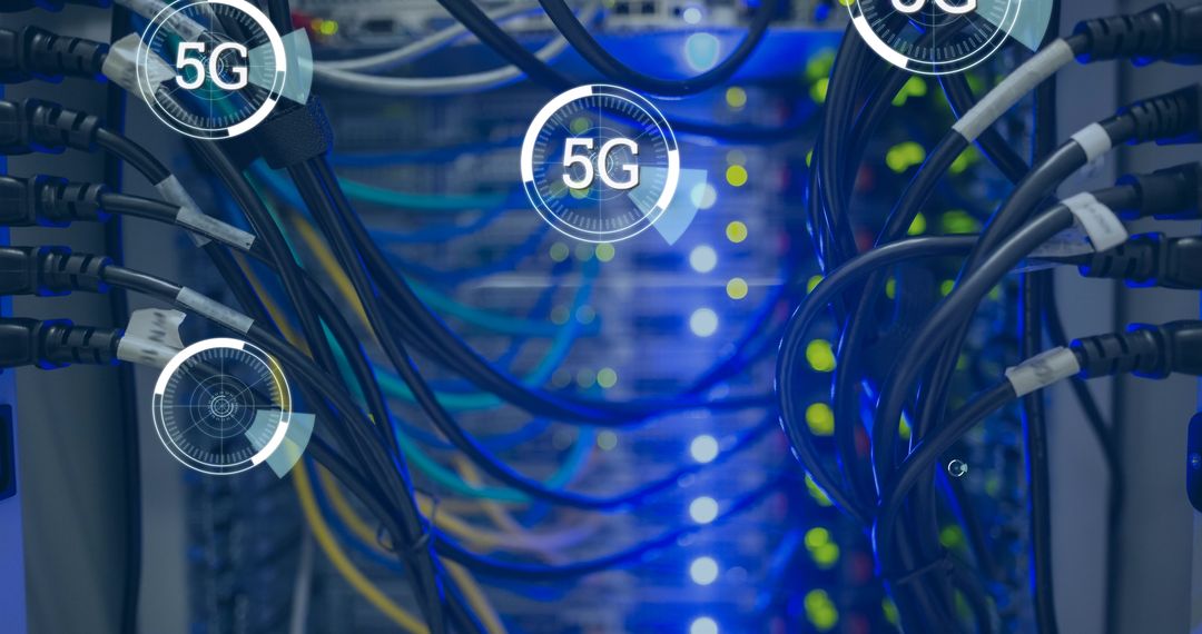 5G Network Cables in Data Center with Futuristic Digital Graphics